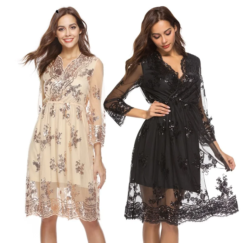 V neck long sleeve sequin party dresses women Sexy mesh streetwear christmas midi dress female 2018 autumn dress vestido