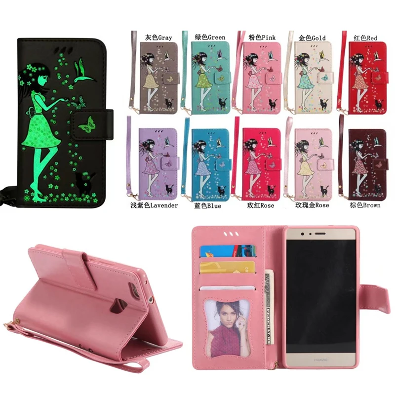 

For huawei P8 P9 lite luminous Embossed woman and cat Wallet Cover Protective Phone Bag For Samsung huawei honor 5A Y6 II shell