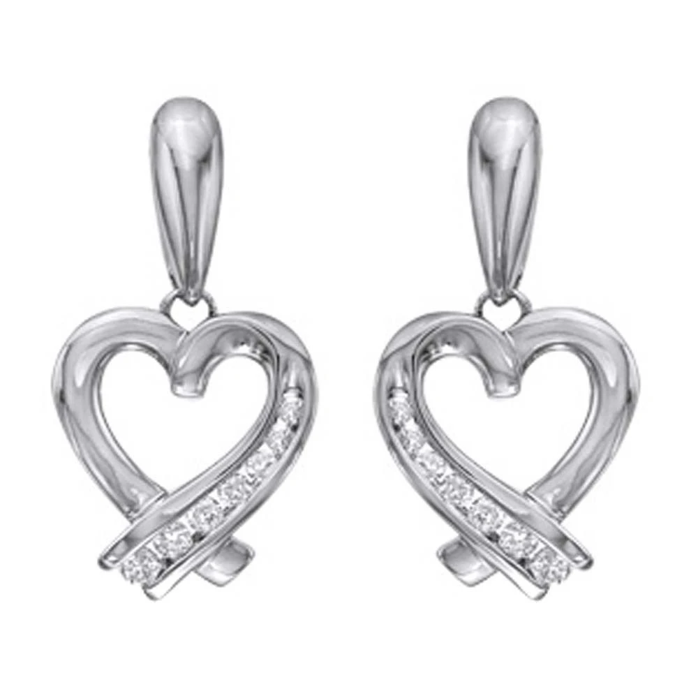 1/7 Carat Diamond Ribbon Heart Drop Earrings In 10K White Gold