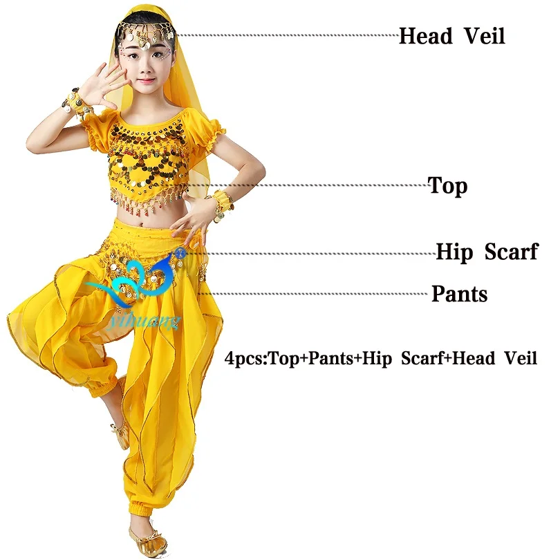 Индийские Костюмы Для Танцев Живота для девочек; Детский костюм на Хэллоуин; Детские вечерние костюмы для выступлений в цыганском египетском стиле; шифоновые комплекты из 6 предметов - Цвет: Yellow 4pcs