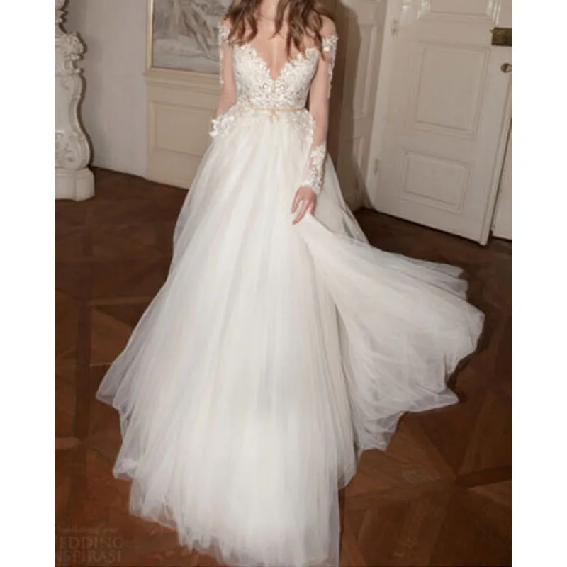 #^Special Price Tulle Wit Applicaties Backless Lange Mouwen Trouwjurken A-lijn Vestido De Novia Princesa Robe De Sariage Bruidsjurken Fancy #^Special Price Tulle Wit Applicaties Backless Lange Mouwen Trouwjurken A-lijn Vestido De Novia Princesa Robe De Sariage Bruidsjurken Fancy