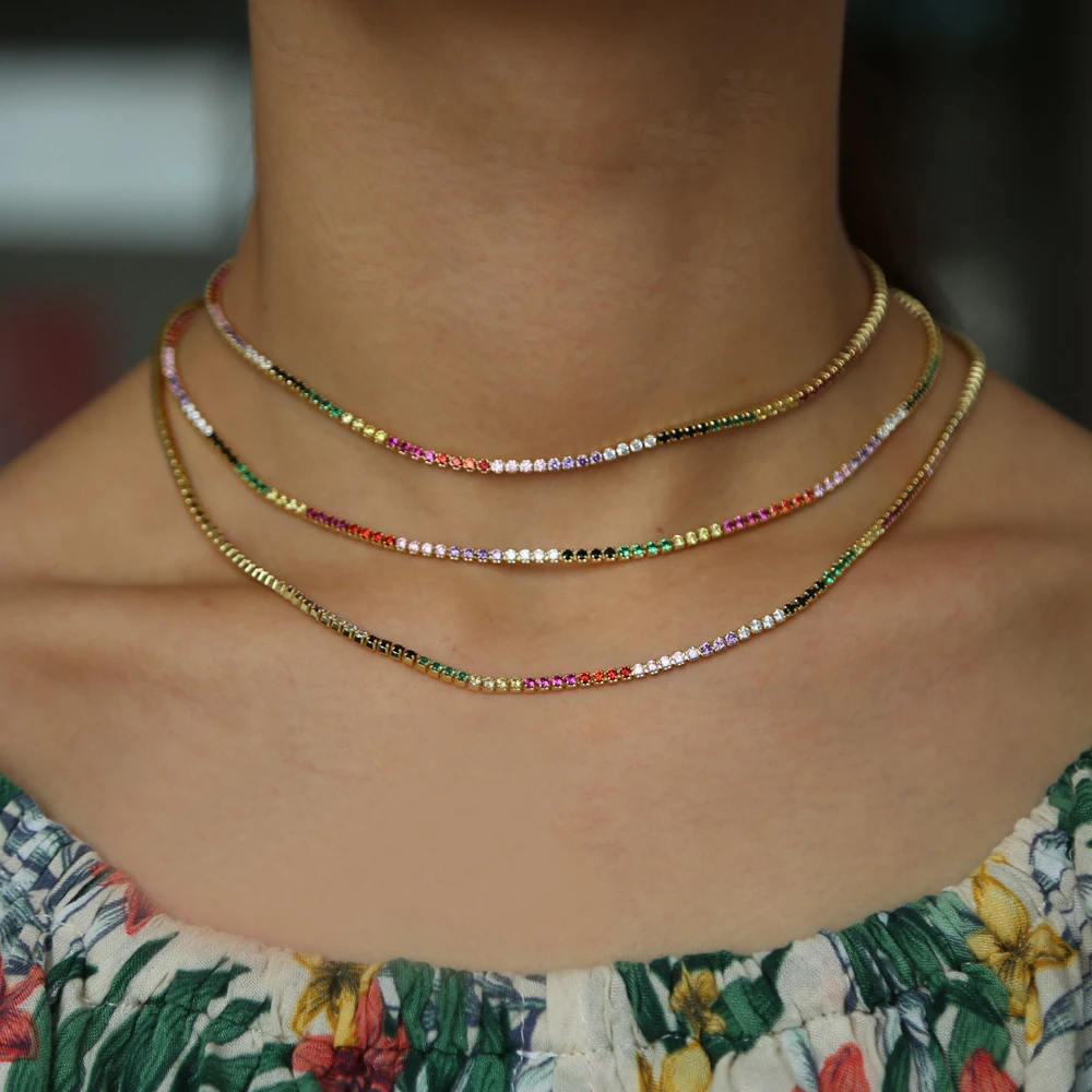 

new sparking rainbow cz tennis chain chocker necklace with AAA+ CZ fashion personality women collar jewellery bijoux femme