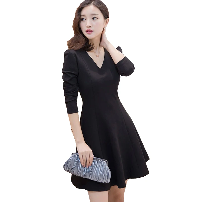 

Women's dress 2019 autumn long-sleeved Hepburn style temperament V-neck waist A word umbrella dress retro dress