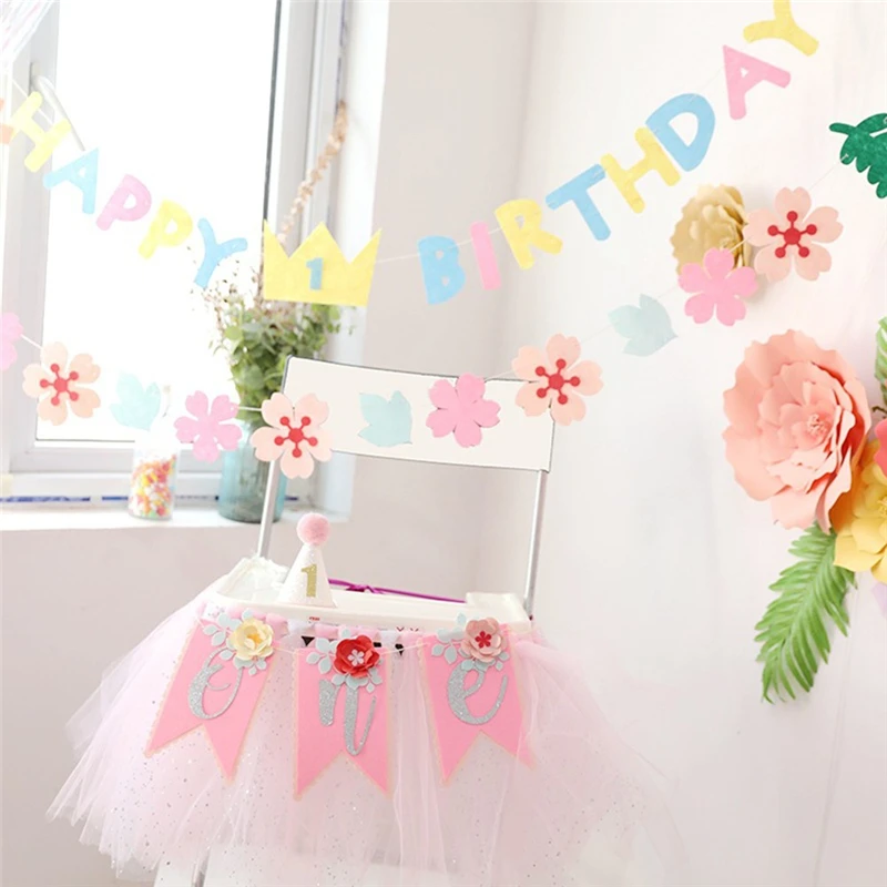 Baby Cherry Blossoms Pull Flower for Chair Decoration One Year Old Baby Birthday Dress Up Supplies DIY Party Hanging Banners (6)