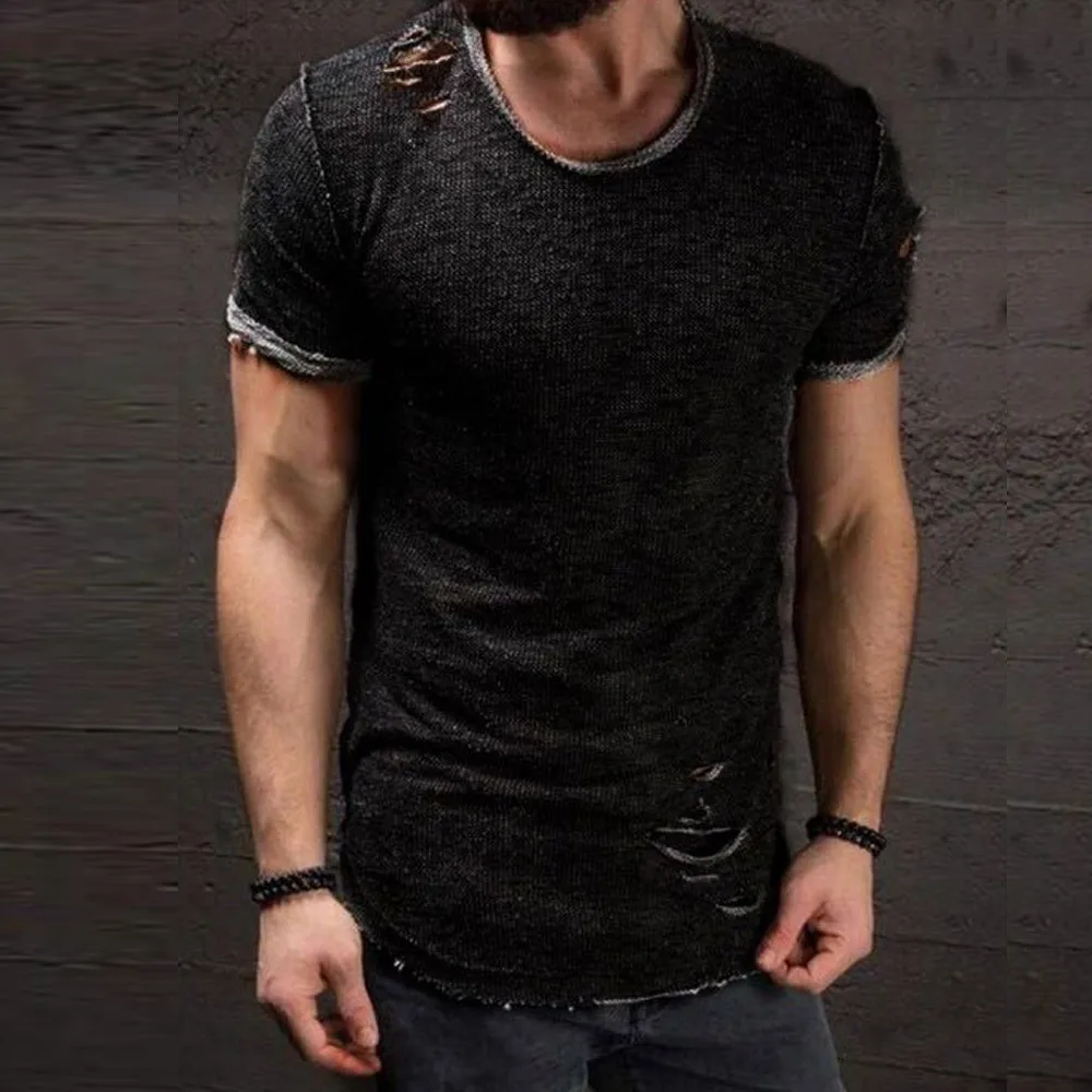 

Men Fashion Hole Round Collar Tees Shirt Personality slim fit Short Sleeve T Shirt mens t shirts fashion 2019 camiseta masculina