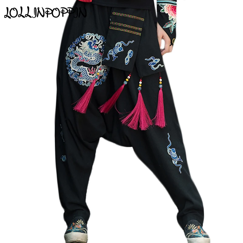 

Ethnic Dragon Embroidery Women Cotton & Linen Harem Pants With Tasselled Sash Ladies Loose Drop Crotch Pants Elastic Waist