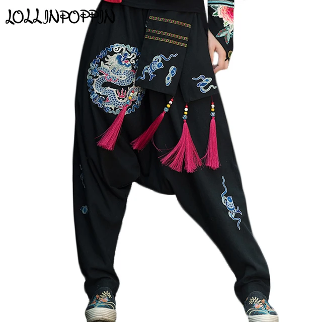 Ethnic Dragon Embroidery Women Cotton & Linen Harem Pants With ...