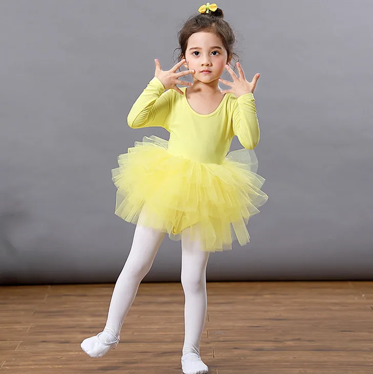 

Girls Ballet Dancing dress yellow 2019 long sleeve Fluffy cute Tutu kids summer robe enfant fille fantasia infantil manga larga