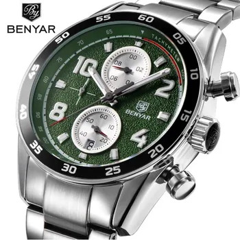 

BENYAR Fashion Sport Chronograph Watches Full Steel Band Waterproof 30M Luxury Brand Quartz Watch Green Saat dropshipping