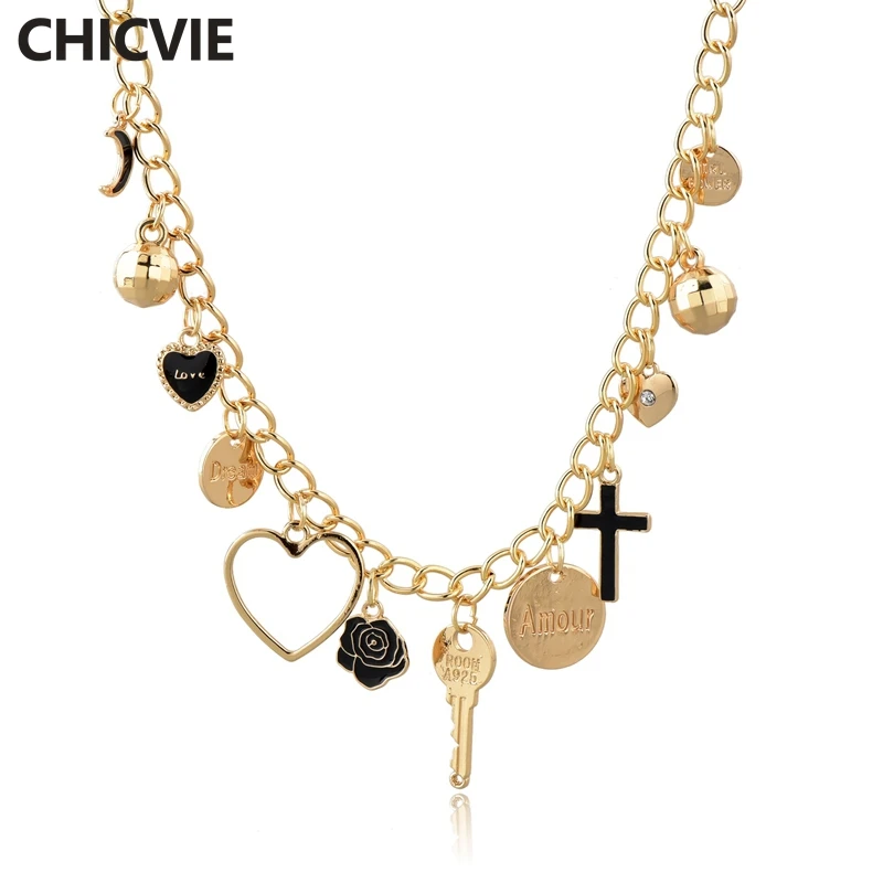CHICVIE Золотое сердце крест цветок ключ ожерелье Длинные Кристаллы ожерелья для женщин Любовь эффектные ювелирные изделия ожерелье SNE190040