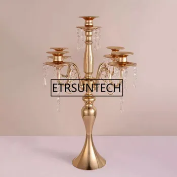 

55cm Tall 5 Arms Gold Iron Metal Candelabra with Glass Hanging Beads Wedding Decoration Table Centerpiece Candle Holders