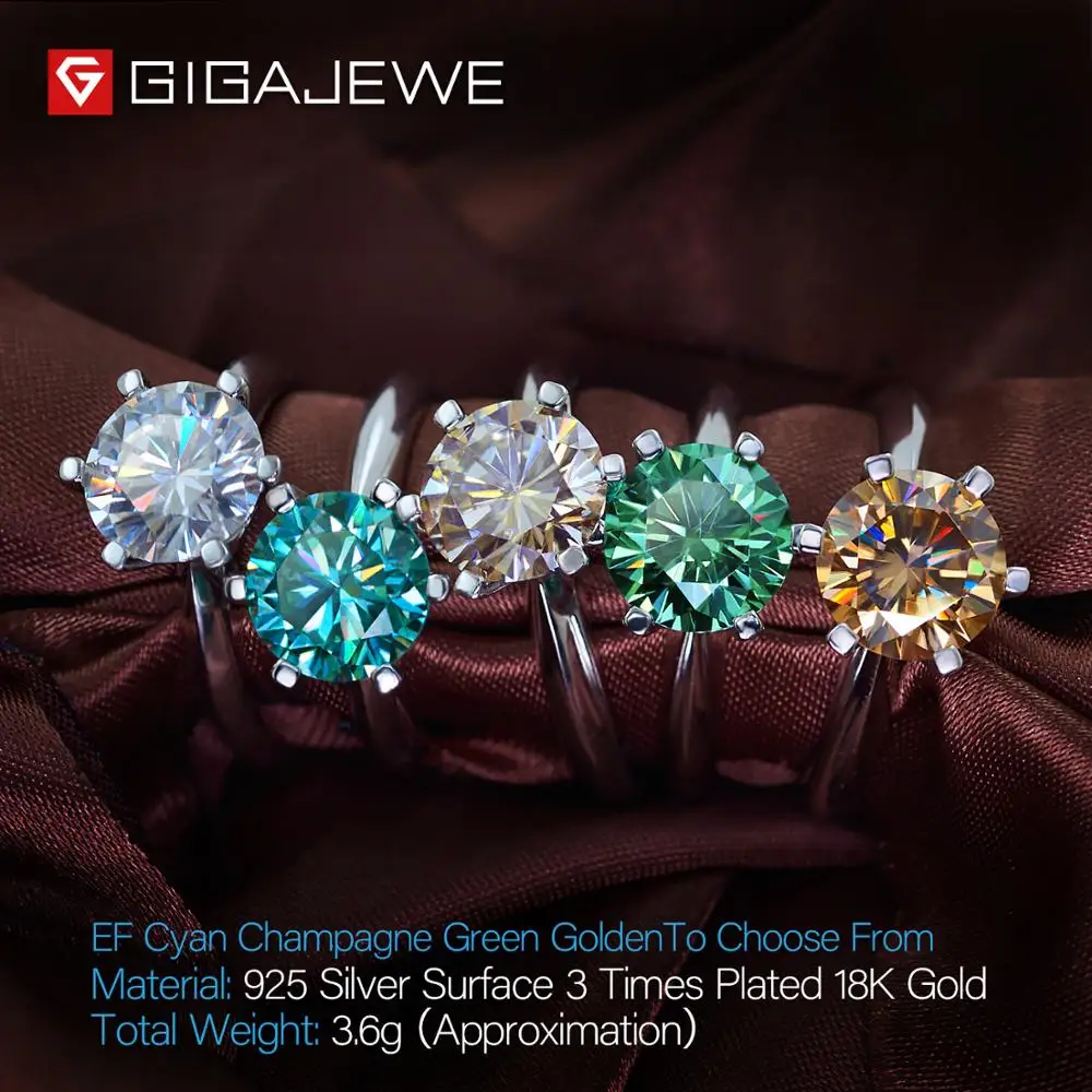 GIGAJEWE 3.0ct 9,0 мм EF Круглый 18 К покрытый белым золотом 925 Серебряное кольцо с муассанитом, Алмазное Проверенное ювелирное изделие, подарок для девушки