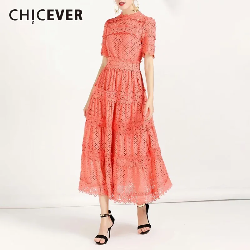 

CHICEVER Hollow Out A Line Dress For Women O Neck Half Sleeve High Waist Lace Patchwork Female Dresses Fashion New Korean Summer