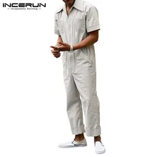 INCERUN мужские комбинезоны с карманами, однотонные штаны с эластичной резинкой на талии, уличная одежда с коротким рукавом, модные повседневные мужские комбинезоны карго