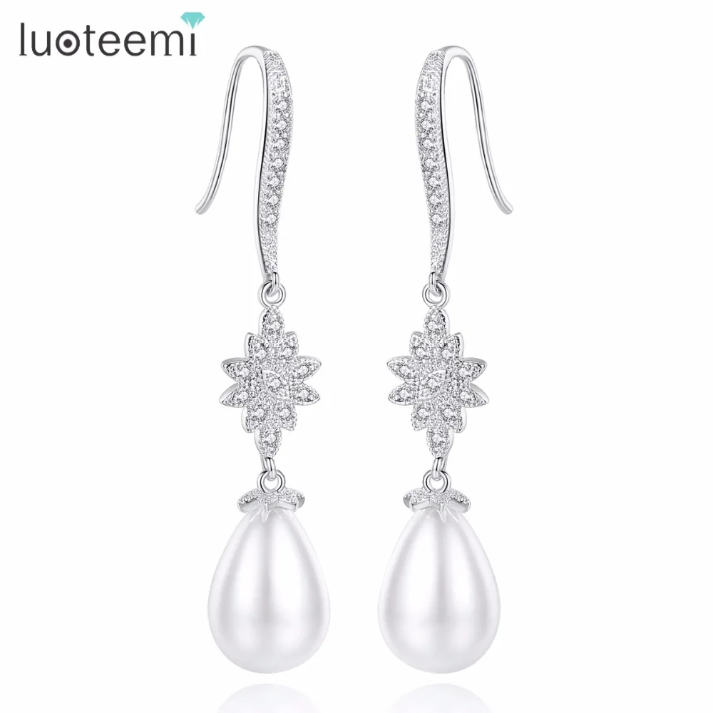 

LUOTEEMI Big Imitation Pearl Brilliant Water Drop Earrings Clear Color Long Hook Attractive High Quality For Girl Party Bijoux