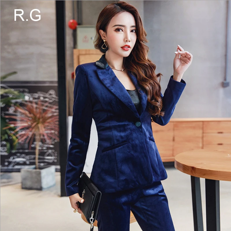 RG Formal Business Fashion Suit Female Trouser Set Blue Velvet Fabric Office Uniform Ankle-Length Pants Pantsuit Suit Set Women