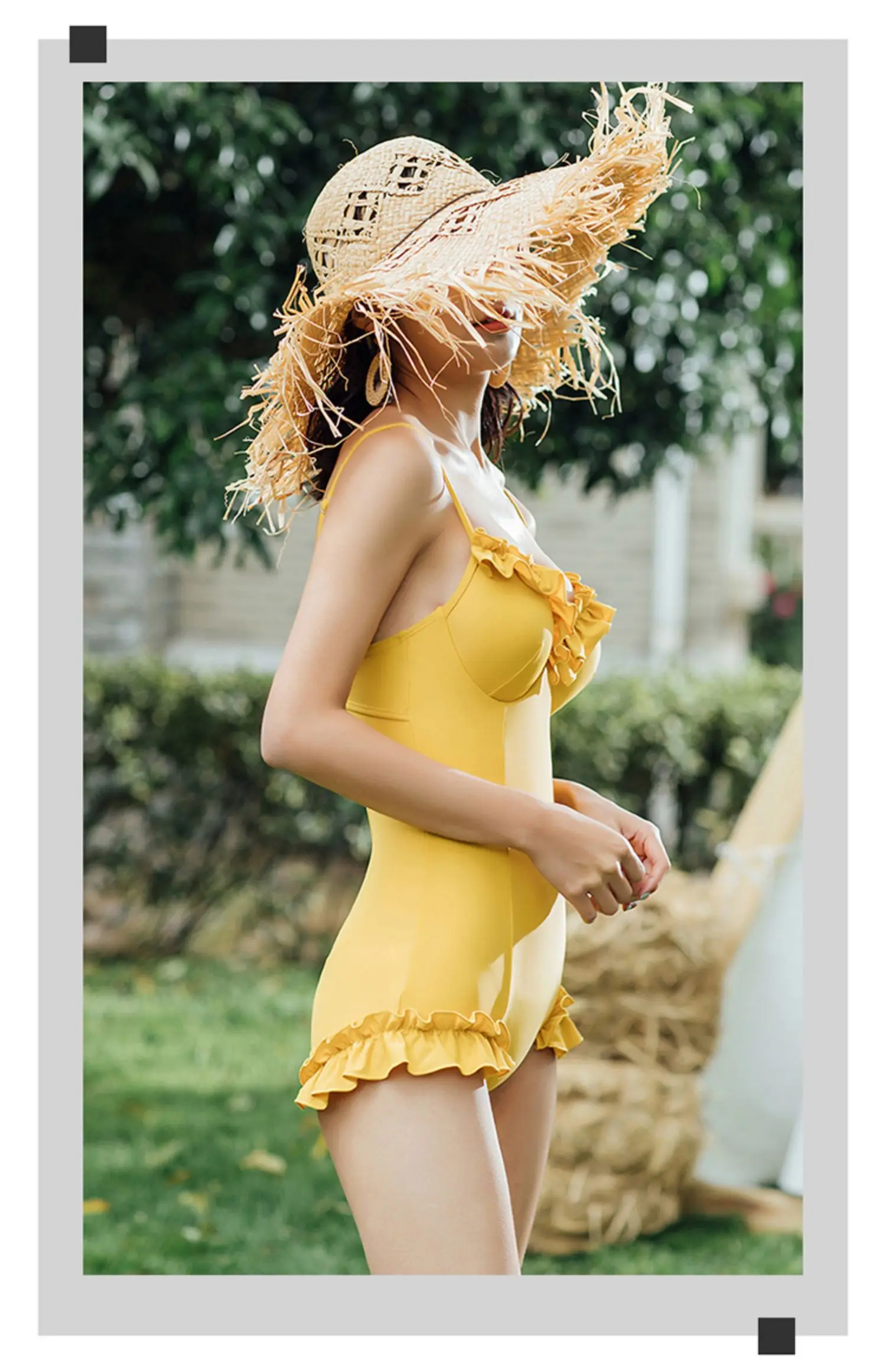 Новое желтое цельное гофрированное бикини с открытой спиной и боковым тюлем, в горошек, перспективное солнцезащитное платье, женское пляжное бикини из двух предметов