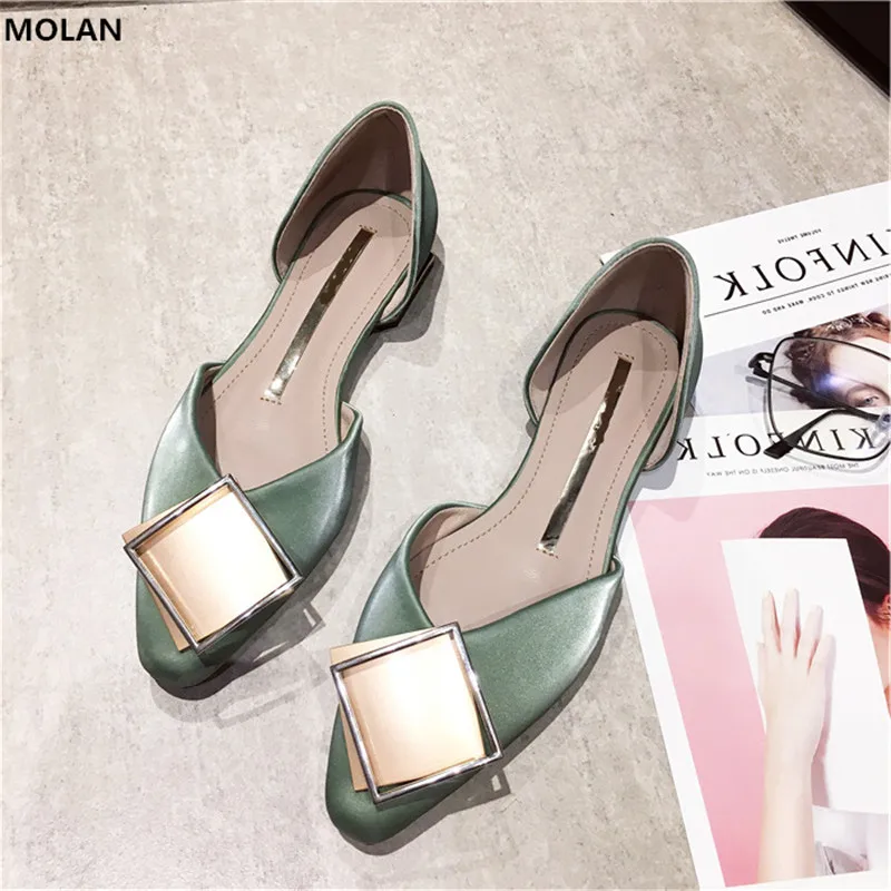 

MOLAN Brand Designers 2019 Summer New Golden Buckle Woman Pointed Flats Silk Shoes Lady Golden Low Heels Slip On Loafers Casual