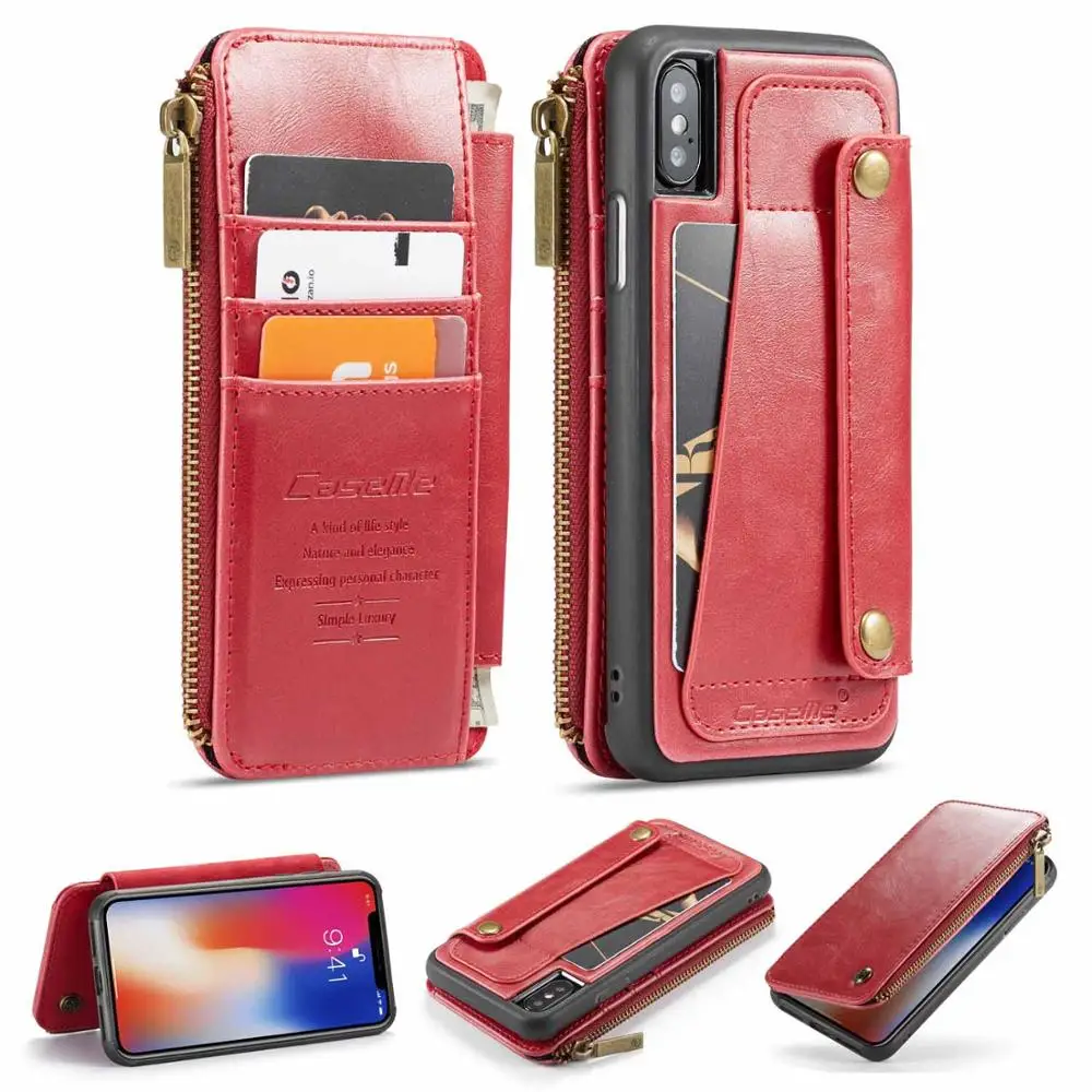 Съемный кожаный чехол-бумажник для iPhone X с карманом на молнии и отделениями для кредитных карт, задняя крышка для iPhone XS MAX X XR 7, чехол, Coque Capa - Цвет: red