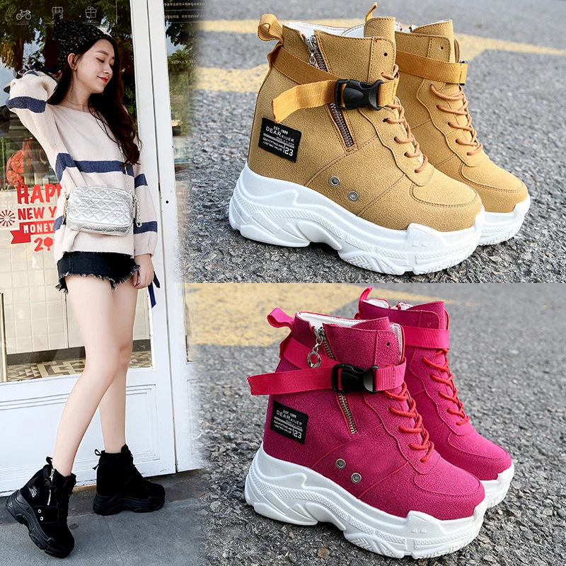 

Kjstyrka New 2018 Women Ankle Boots Hidden High Heels Spring Autumn Comfortable Shoes Platform Wedges Footwear High Top Sneakers