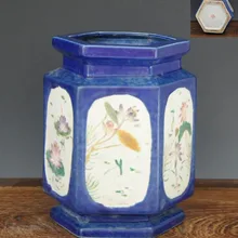 Старинный антикварный фарфор расписанный вручную лотоса и рыбы Шестигранная ваза с Qing YongZheng Mark