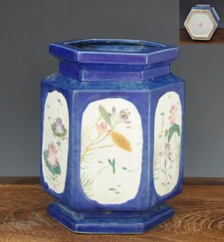 

Vintage Antique Porcelain Hand Painted Lotus And Fish Hexagonal Vase With Qing YongZheng Mark