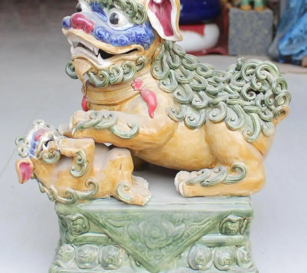 

15" Chinese FengShui Colour Wucai Porcelain Foo Fu Dog Guardion Lion Statue