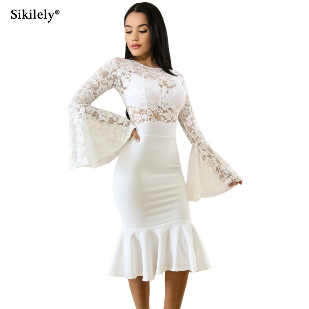Sikilely Vestidos Flare Long Sleeve White Party Dresses Knee Length