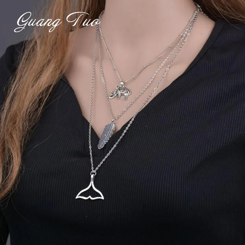 

N209 Fashion Three-layer Statement Necklace European Retro Elephant Feather Fishtail Pendant Necklaces Sweater Chain Jewelry