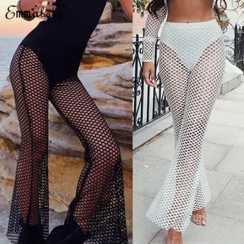 

New Hollow Fishnet Pant Women Sexy Lace Wide Leg Long Pants High Waist See Through Summer Lady Casual Holiday Beach Trousers