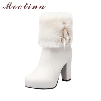 

Meotina Winter Thick Heels Boots Mid Calf Boots Fur Platform High Heel Boots Sexy Crystal Zipper Warm Shoes Autumn White