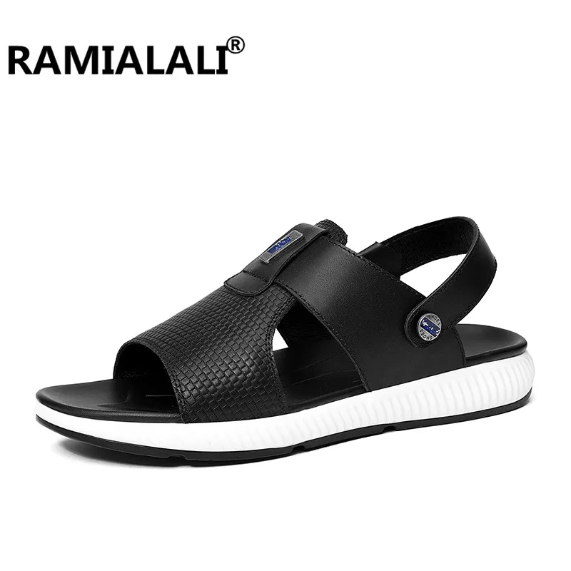 

Ramialali 2018 Men Summer Sandals Real Leather Shoes Black White Outdoor Sandals Comfortable Mens Shoes Casual Slip on Sandals