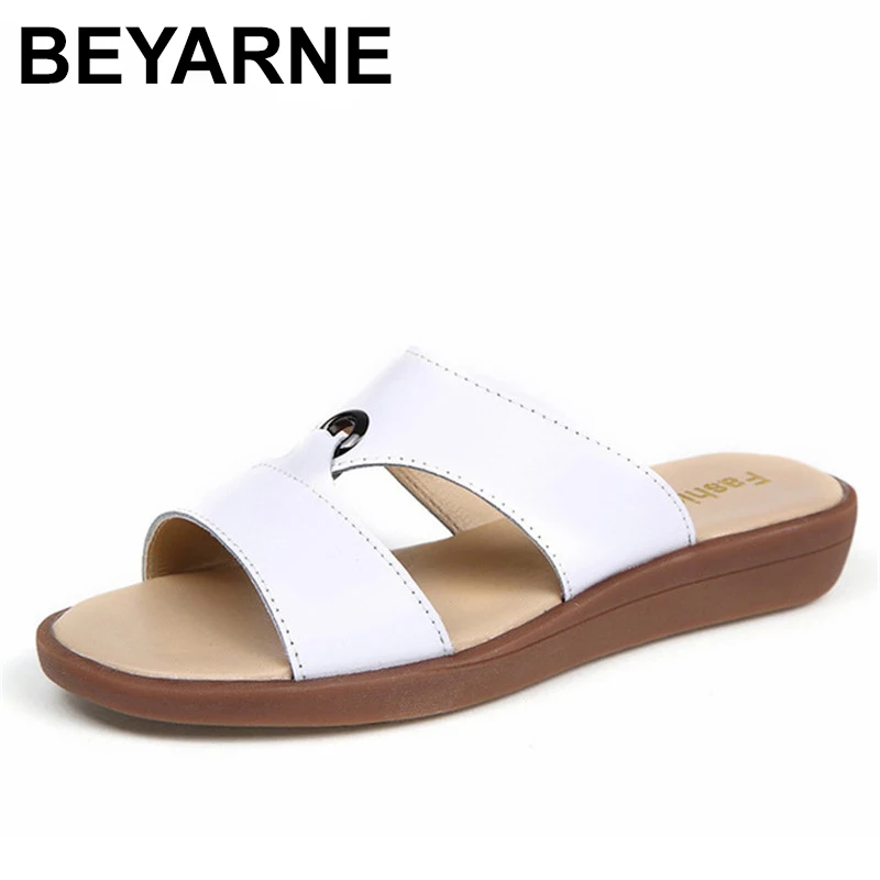 BEYARNE Casual Women's Sandals Real Cow Leather Flats Shoes Women Slip-On Summer Female Slides Leisure Beach Flip Flops 