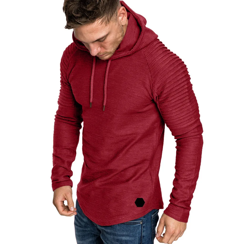 

2019 new style hot sales Fashion Men's Autumn Winter Pleats Slim Fit Raglan Long Sleeve Hoodie Top Blouse high quality sales