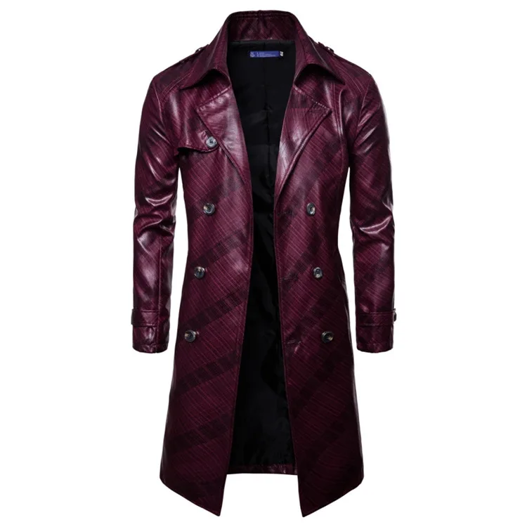 Модный осенний зимний мужской кожаный Тренч, двубортное пальто в стиле хип-хоп, уличная мотоциклетная кожаная куртка, ветровка, пальто - Цвет: Wine Red