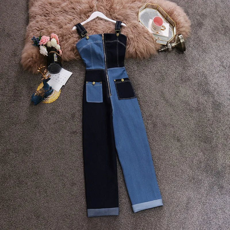 

Harajuku Overalls Women Patchwork Color Block Streetwear Denim Jumpsuit New Fashion Streetwear Long Pants Romper Female