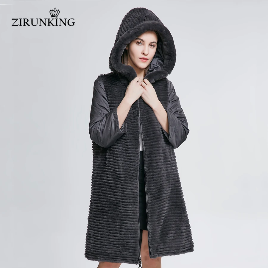 

ZIRUNKING/женское пуховое пальто с натуральным мехом, женская одежда из кроличьего меха, двустороннее пуховое пальто с капюшоном, верхняя одежда ZC1807