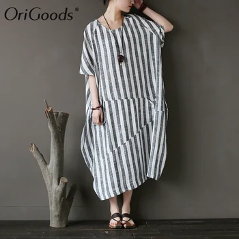 

OriGoods Plus size Striped Women Dress Novelty Long Oversized Dress Brand Stripe Summer Dress Cotton and Linen Dress Robe A318