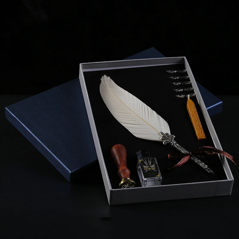 

Antique Europe Style Feather Fountain Pen Set Quill Calligraphy Writing With Sealing Wax