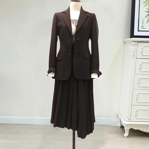 Женский костюм с юбкой, комплект из 2 предметов, модная офисная одежда для леди, деловая рабочая одежда, тонкий костюм, пиджак, Блейзер, плиссированная юбка, униформа большого размера плюс - Цвет: Черный