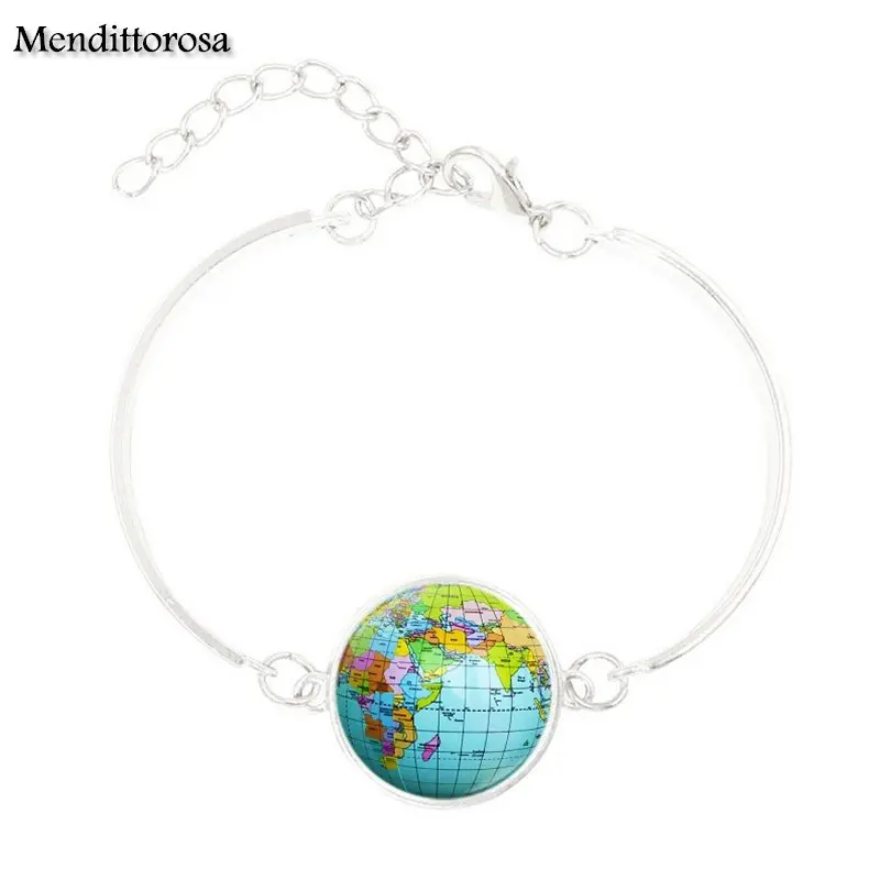Mendittorosa карта мира серебряный браслет стеклянный браслет из кабошона браслет для женщин