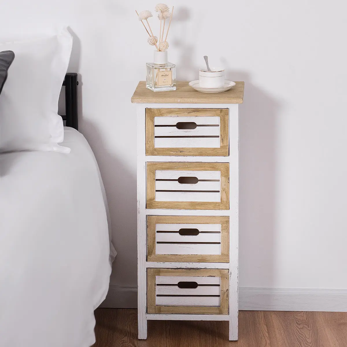 Giantex Wooden Chest Bedside Table Modern Nightstand Cabinet Side End Table with 4 Drawer Bedroom Furniture HW57054