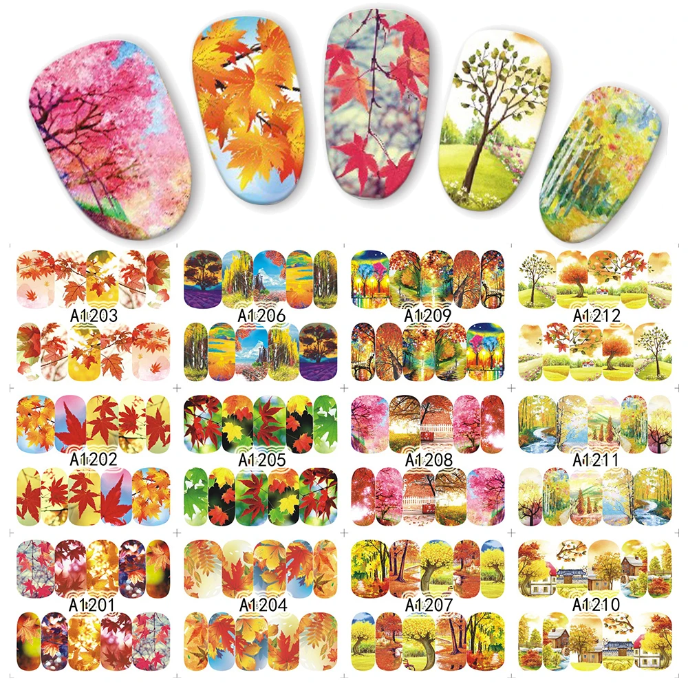 

1 sheet Colorful Fall Season Tree Water Transfer Nail Art Sticker Beauty Red Maple Leaf Decal Nails Art Decorations JIA1201-1212