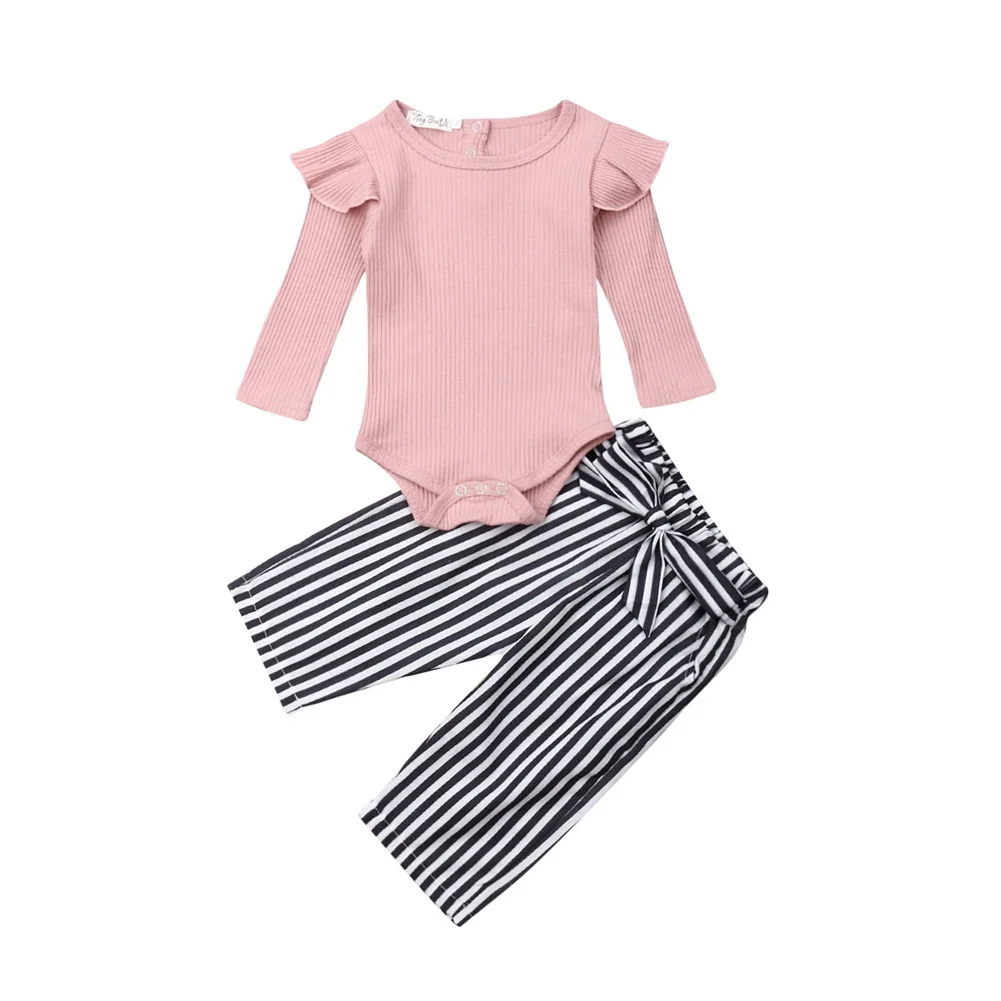 Cute Newborn Infant Baby Girl Sweet Outfit Clothes Ruffle Long Sleeve Romper Bow Tie Striped Pants Trousers Clothes Set