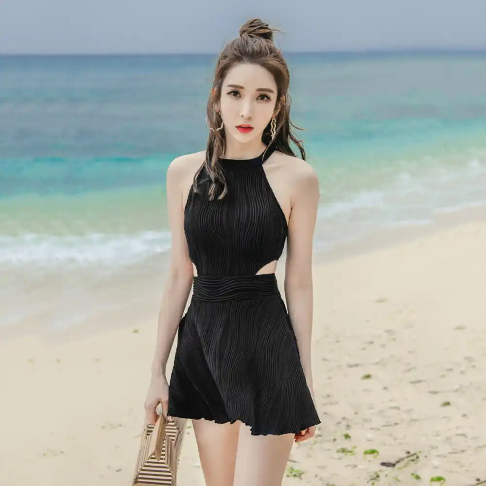 high neck skirted swimsuit