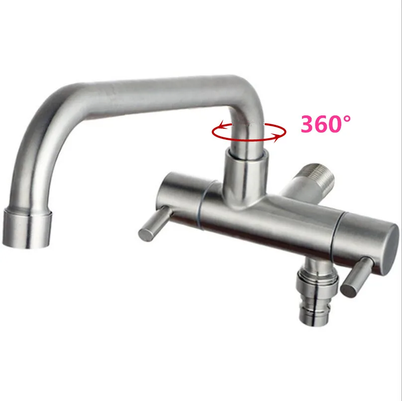 

G1/2 304 Stainless Steel One Into Two Out Horizontal Style Wash Machine Faucet 360° Rotate Lengthen Mop Pool Multi Function Tap