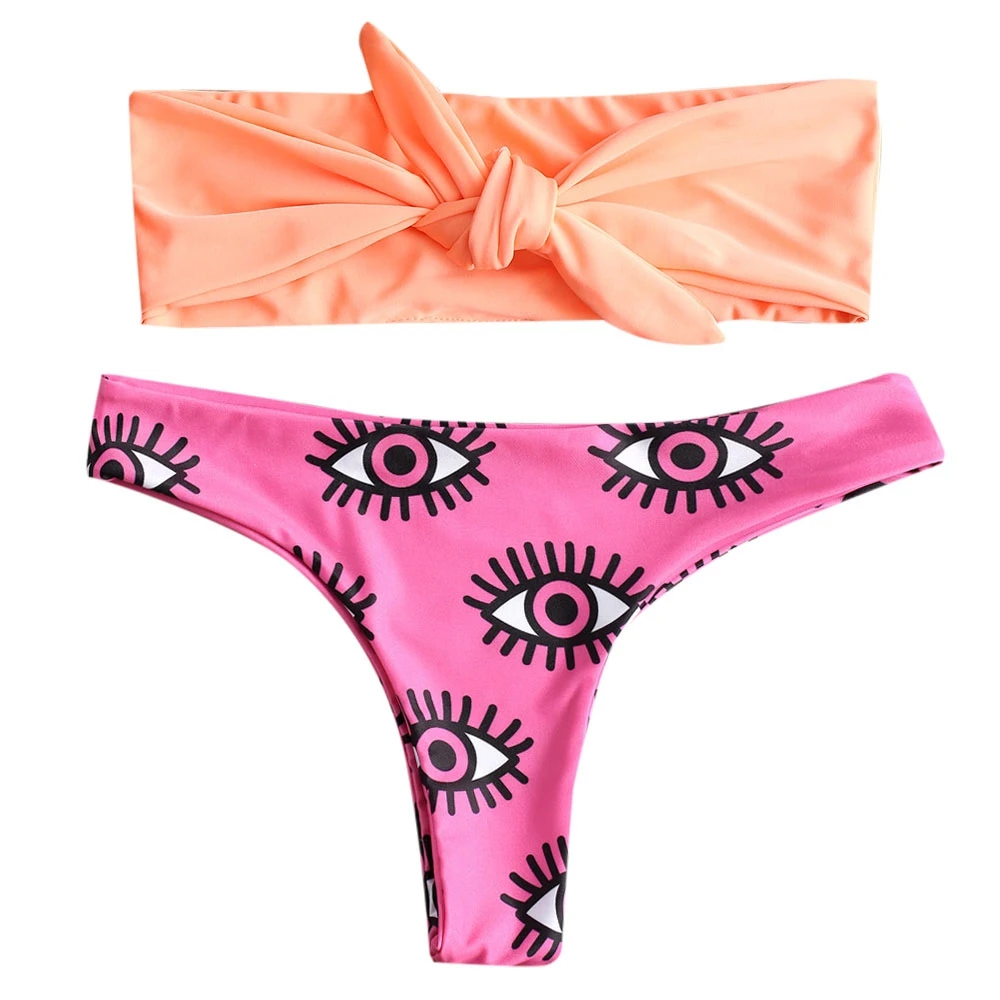 Bandeau Bikini Set Sexy Bikinis 2019 Eye Printing Front Knot Thong Swimwear Women Swimsuit Female Bathing Suit Woman