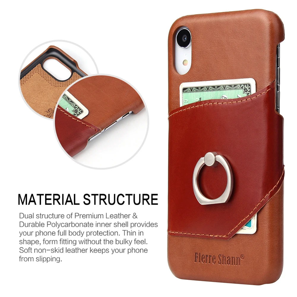 

Cow leather Phone Cases For iPhone XS XS Max XR Luxury Card Holder Wallet Bracket Type Finger Ring Mobile Phone Back Cover