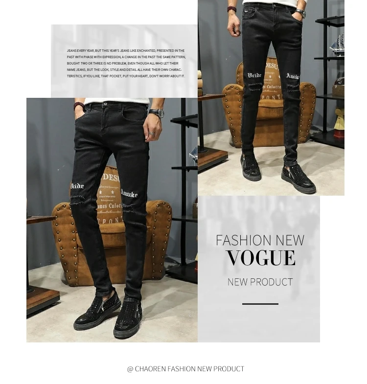 2019 Весна и лето новый тренд Корейская версия пара повседневная мода стрейч тонкий спортивный отверстие печати джинсы хип хоп