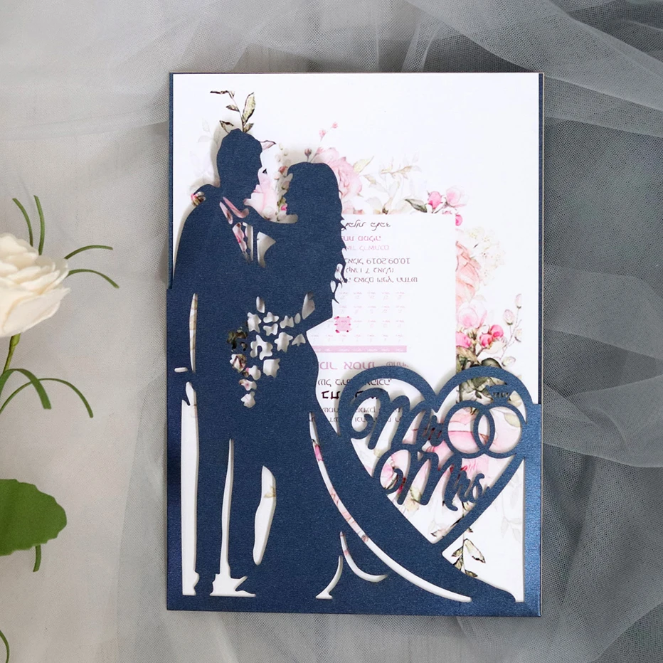  10 set Customize Laser Cut Wedding Invitations Card Bride and Groom Greeting Cards Mr & Mrs Envelop - 33054474247